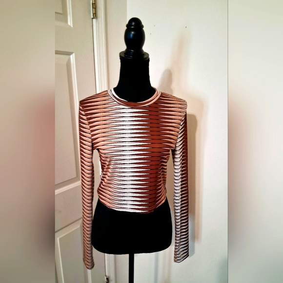 Striped Fitted Brown and Cream Women's Crop Top - Picture 2 of 7